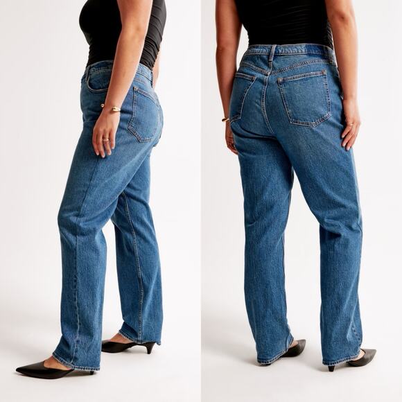 Abercrombie & Fitch Curve Love 90s Straight Ultra High Rise Medium Blue 32/14 - Picture 4 of 16